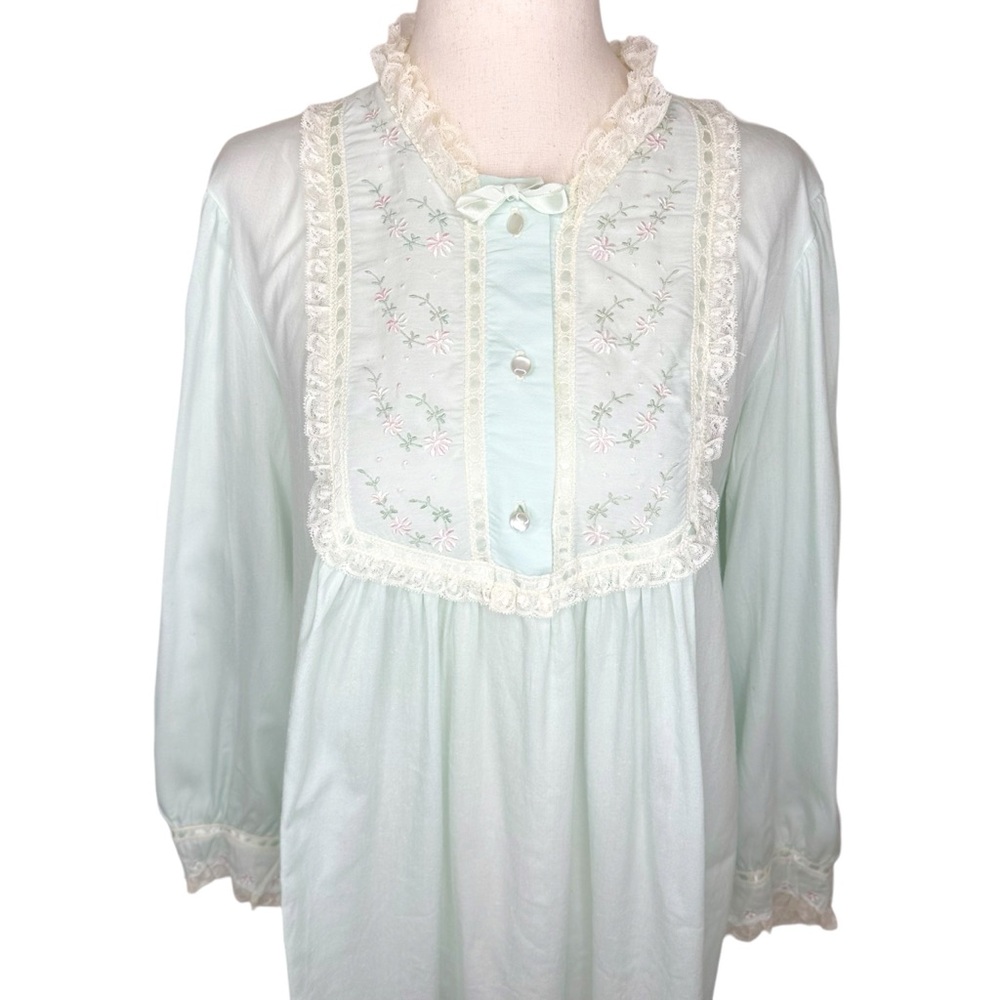 Vintage Light Blue Floral Embroidered Lace Trim Nightgown Dress - Picture 4 of 13
